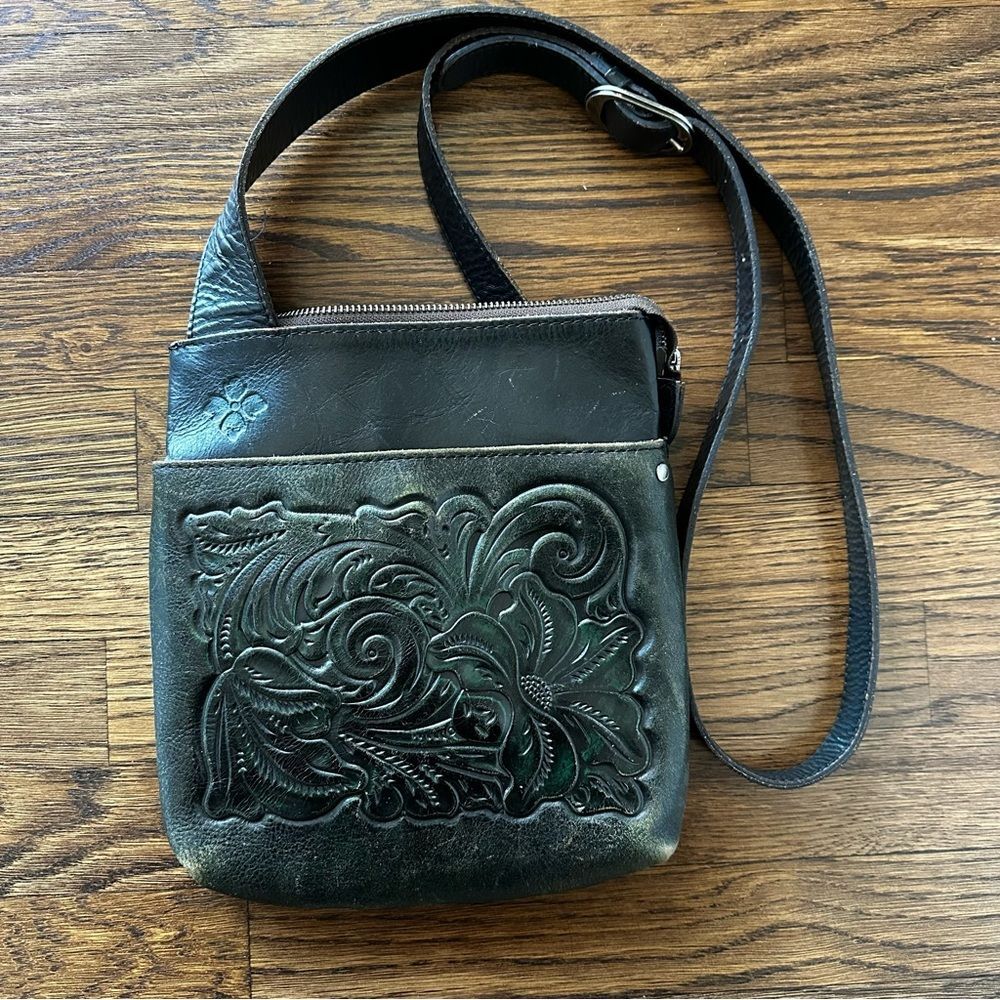 Patricia Nash Granada Black Tooled Leather Crossbody Bag with Dust Bag